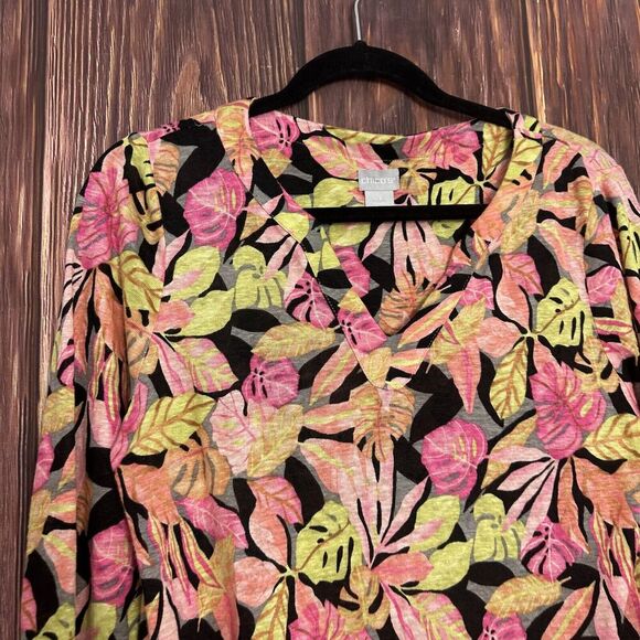Chico’s Size 1 Colorful 100% Linen Tropical Leaf Print Pullover Knit Top Medium - Picture 3 of 7